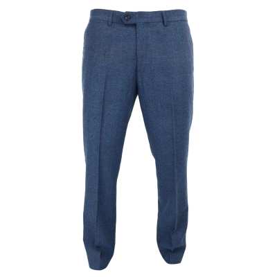 Dion - Men's Blue Herringbone Tweed Check Trousers