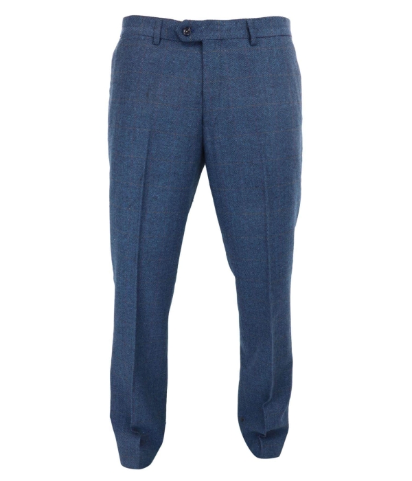 Dion - Men's Blue Herringbone Tweed Check Trousers
