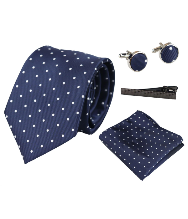 Dotted Navy Neck Tie Gift Set Pocket Square Cuff Links Tie Pin Polka Dot Satin