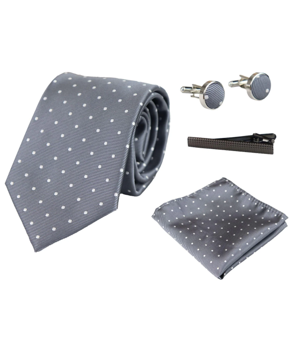 Dotted Silver Neck Tie Gift Set Pocket Square Cuff Links Tie Pin Polka Dot Satin