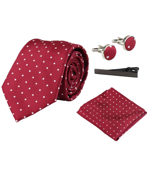 Dotted Wine Neck Tie Gift Set Pocket Square Cuff Links Tie Pin Polka Dot Satin