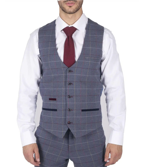 Mens Marc Darcy Blue Grey Red Check Waistcoat Smart Casual Tweed Slim Fit Drake