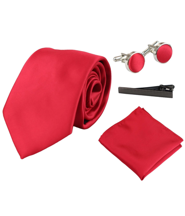 Satin Silk Red Tie Gift Set Pocket Square Cuff Links Tie Shiny Satin