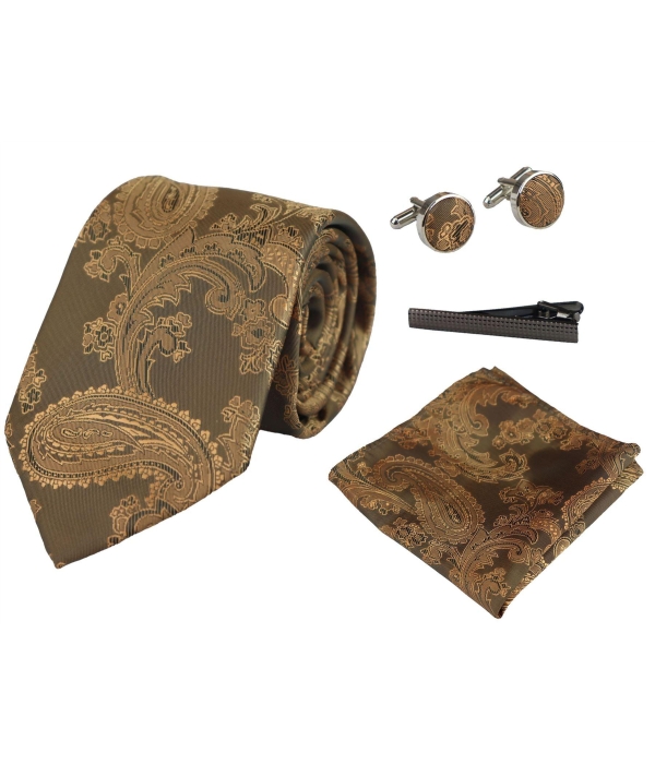 Paisley Neck Bronze Tie Gift Set Pocket Square Cuff Links Tie Floral Satin