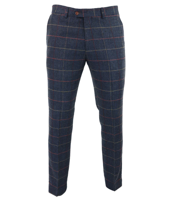 Mens Navy Blue Wine Trousers Check Herringbone Tweed Vintage New Marc Darcy