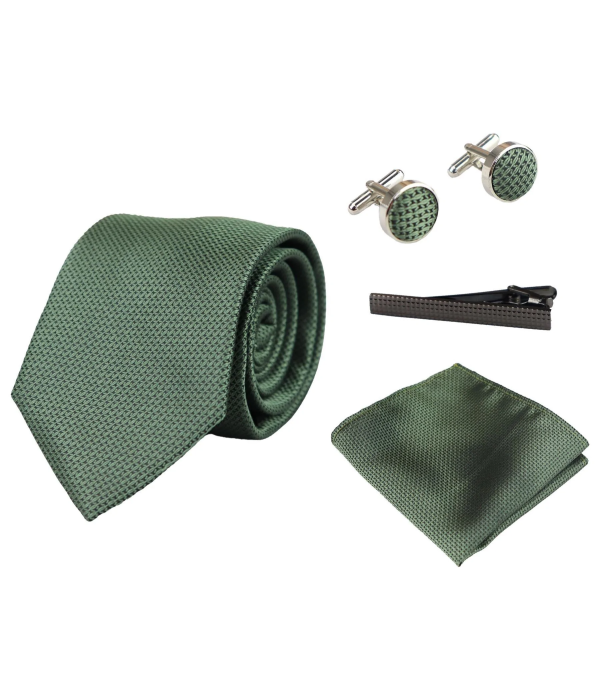 Satin Silk Textured Green Tie Gift Set Pocket Square Cuff Links Tie Matt Satin