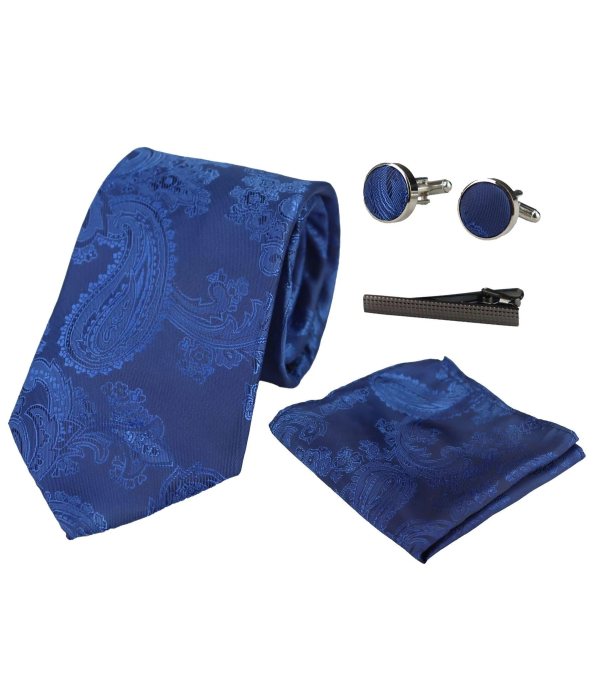Paisley Neck Blue Tie Gift Set Pocket Square Cuff Links Tie Floral Satin