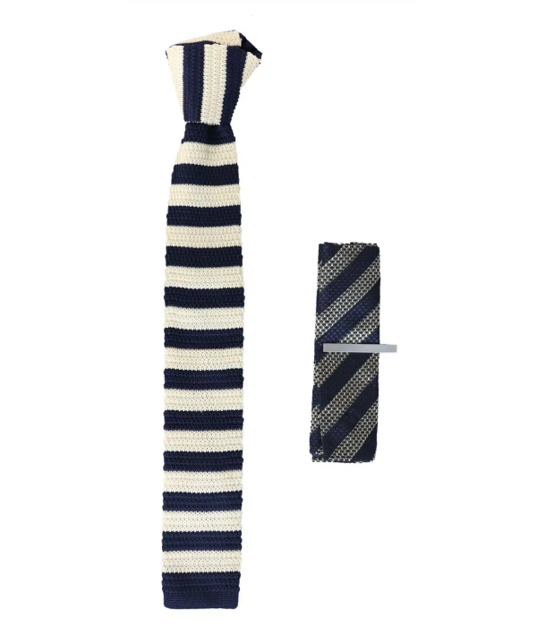 Mens Knitted Tie Hankie & Pin Set Navy Cream Striped Smart Formal Neck Tie
