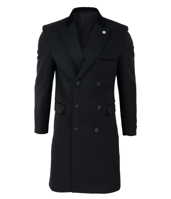 Mens 3/4 Long Double Breasted Black Overcoat