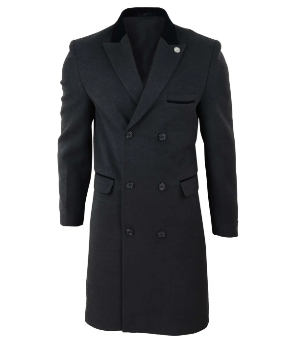 Mens 3/4 Long Double Breasted Charcoal Overcoat