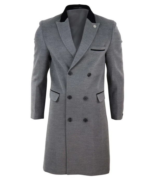 Mens 3/4 Long Double Breasted Grey Overcoat