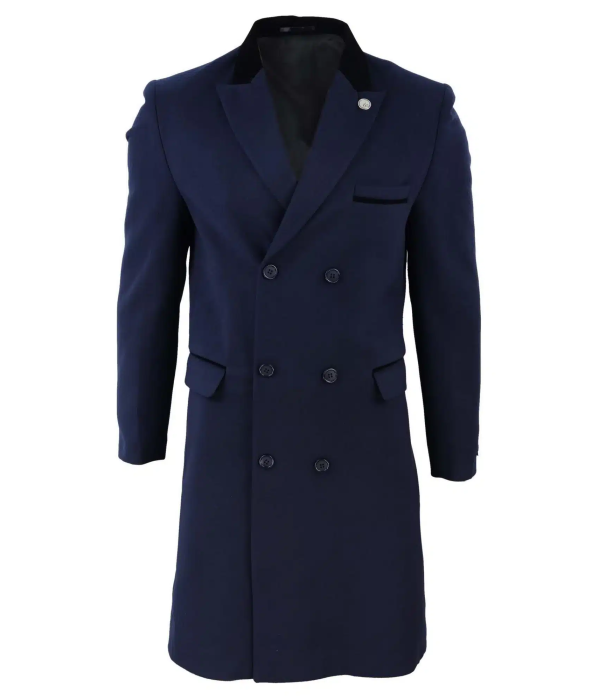Mens 3/4 Long Double Breasted Navy Overcoat