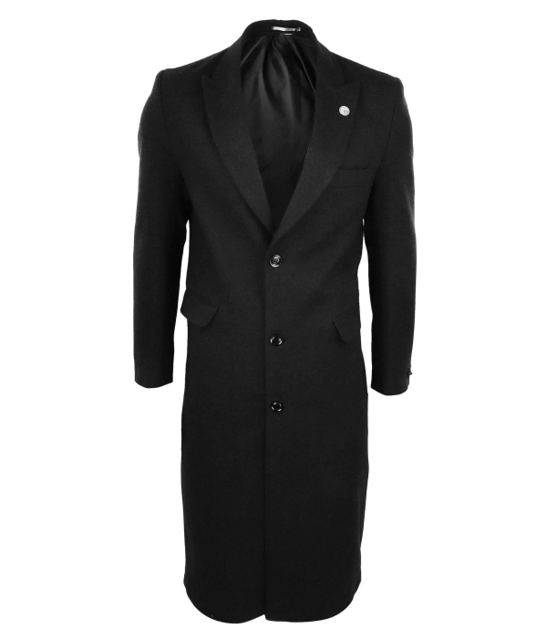 Mens Full Lenth Overcoat Mac Jacket Wool Feel Charcoal 1920s Blinders
