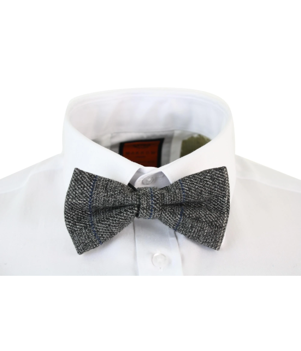 Mens Tweed Grey Herringbone Textured Marc Darcy Bow Ties Vintage Retro