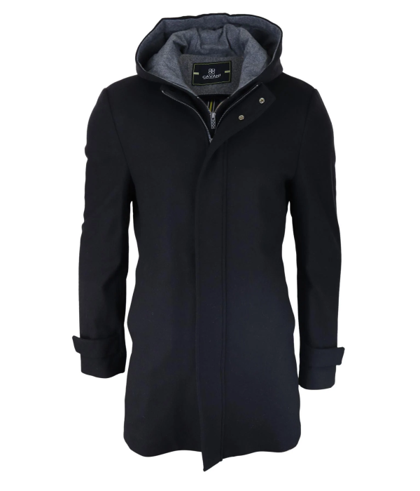 Mens 3/4 Long Overcoat Black Jacket Coat Removable Hood Smart Casual Winter Warm Wool