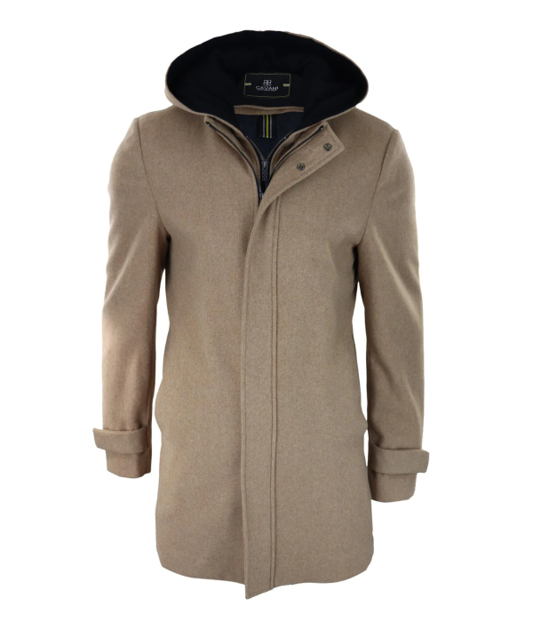 Mens 3/4 Long Overcoat Camel Jacket Coat Removable Hood Smart Casual Winter Warm Wool
