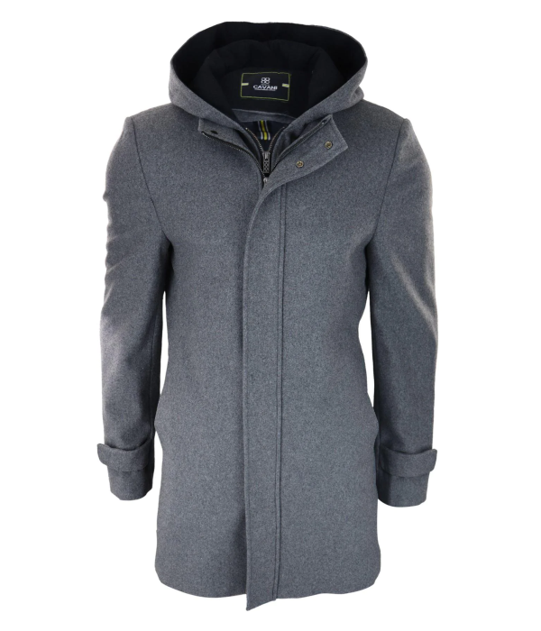 Mens 3/4 Long Overcoat Grey Jacket Coat Removable Hood Smart Casual Winter Warm Wool
