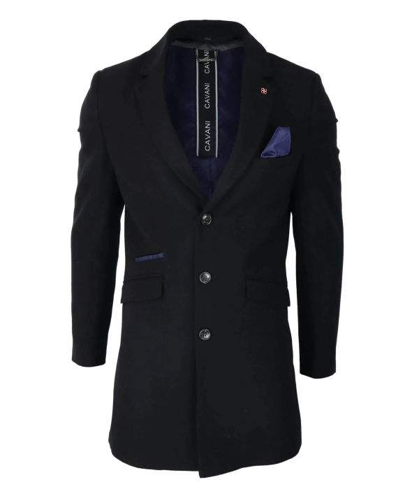 Cavani Mens Classic 3/4 Length Black Overcoat
