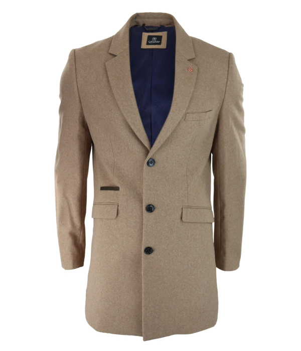 Cavani Mens Classic 3/4 Length Camel Overcoat