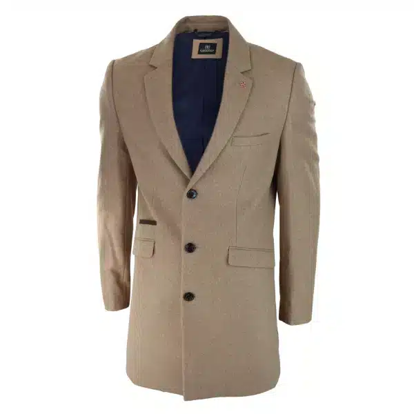 Cavani Mens Classic 3/4 Length Camel Overcoat
