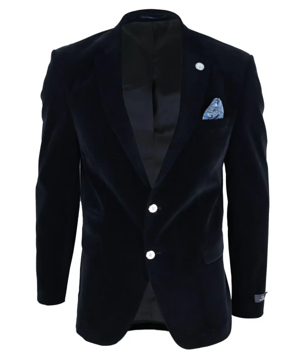 Mens Velvet Blazer Suit Jacket 2 Button Dinner Smart Casual Formal Tailored Fit - Black