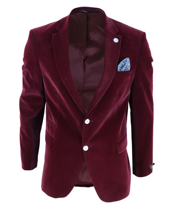 Mens Velvet Blazer Suit Jacket 2 Button Dinner Smart Casual Formal Tailored Fit - Wine
