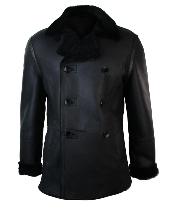 Mens Real Shearling German Navy Sheepskin Double Breasted Jacket Black Fitted