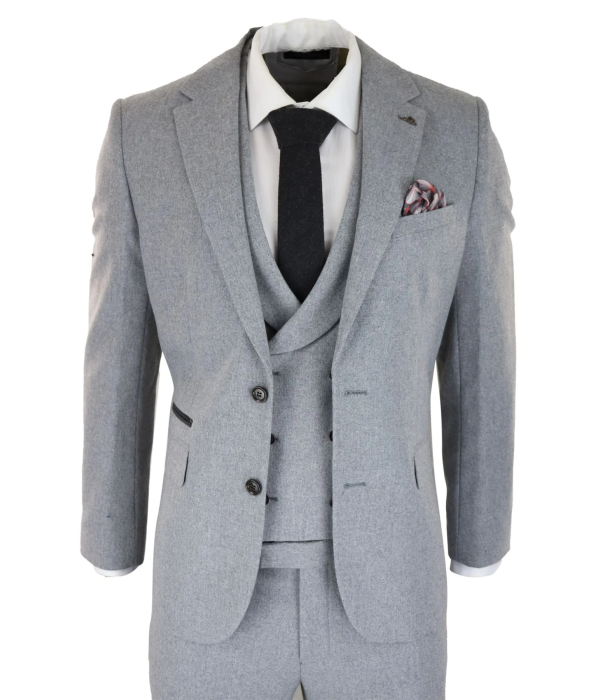 Mens Wool 3 Piece Grey Suit Double Breasted Waistcoat Wedding Party Vintage 1920s