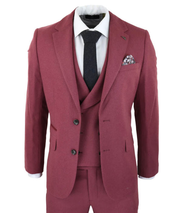 Mens Wool 3 Piece Burgundy Red Suit Double Breasted Wedding Party Vintage 1920s
