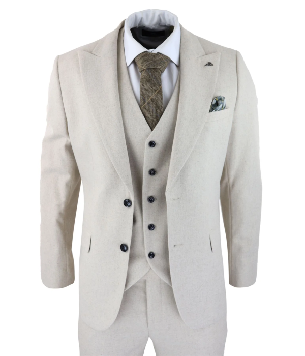 Mens Wool 3 Piece Cream Beige Suit Slim Fit Classic Wedding Party Vintage 1920s