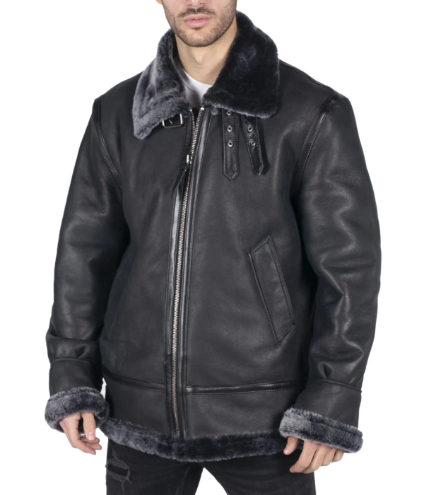 Mens Genuine Sheepskin Leather B3 Flying Aviator Jacket Black Grey Fur