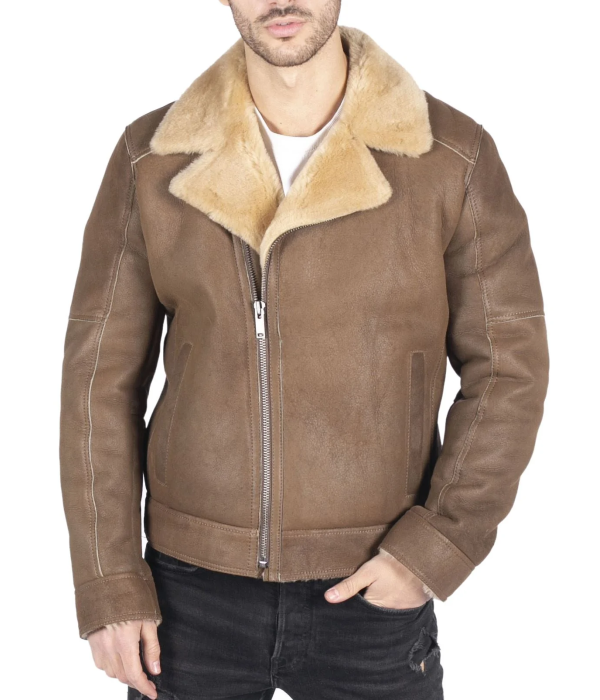 Mens Genuine Sheepskin Leather Cross Zip Flying Aviator Jacket Camel Brown Fur