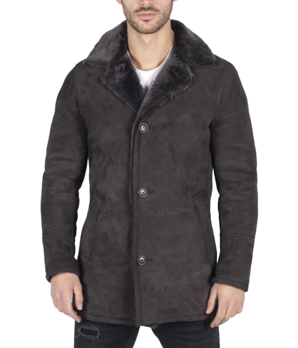 Mens Real Sheepskin Coat Brown Vintage Classic 3/4 Jacket Button Down V Neck