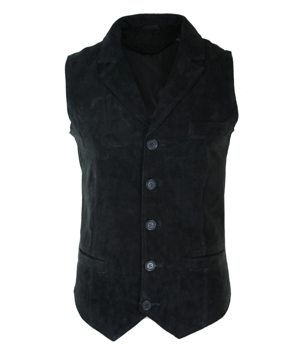 Mens Real Suede Leather Black Smart Casual Gilet Waistcoat Vintage Retro