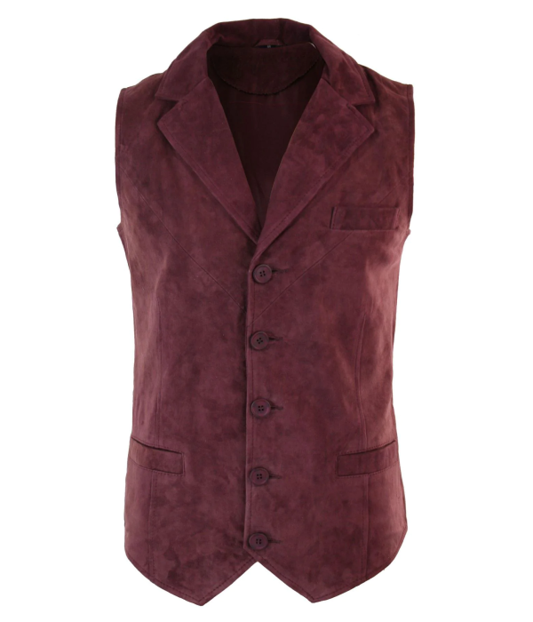 Mens Real Suede Leather Burgundy Smart Casual Gilet Waistcoat Vintage Retro