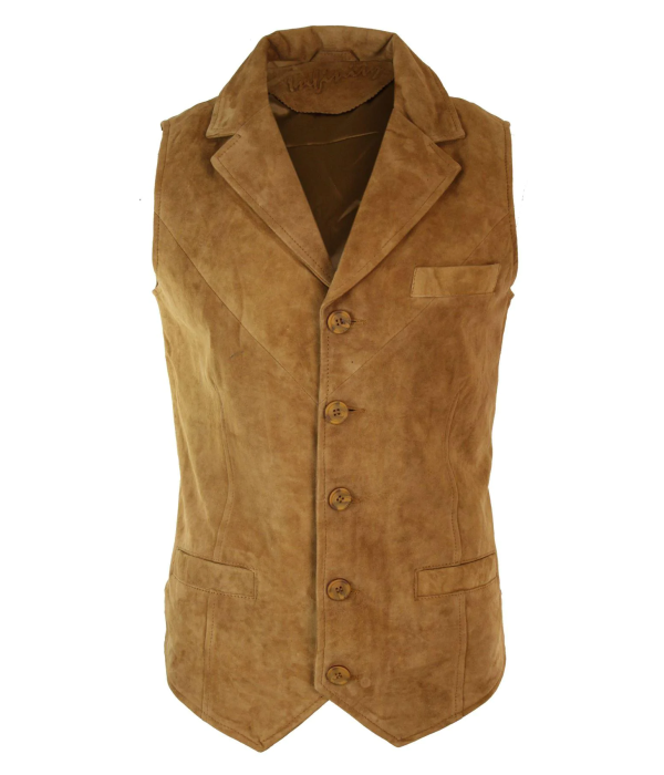 Mens Real Suede Leather Tan Brown Smart Casual Gilet Waistcoat Vintage Retro