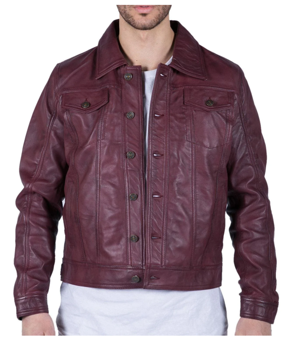Mens Real Leather Shirt Jacket Burgundy Wine Retro Jeans Style Brando Classic