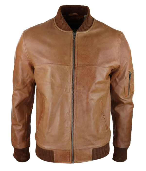 Mens Genuine Leather Bomber Jacket Leather Casual Varsity VIntage Smart Casual Tan