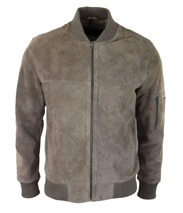 Mens Genuine Suede Bomber Jacket Leather Casual Varsity VIntage Smart Casual Beige