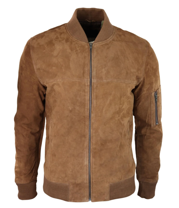 Mens Genuine Suede Bomber Jacket Leather Casual Varsity VIntage Smart Casual Brown