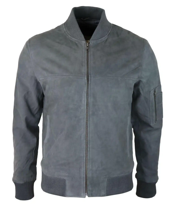 Mens Genuine Suede Bomber Jacket Leather Casual Varsity VIntage Smart Casual Grey