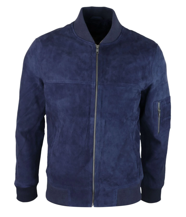 Mens Genuine Suede Bomber Jacket Leather Casual Varsity VIntage Smart Casual Navy