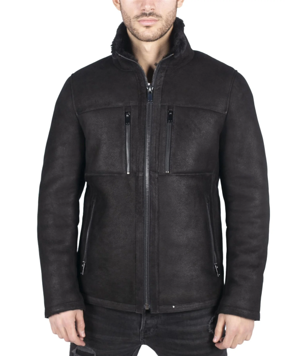 Mens Real Sheepskin Jacket Short Zipped Casual Retro Vintage Black Zipped