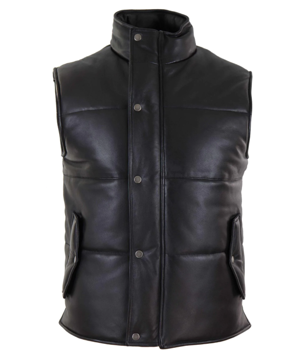 Mens Real Leather Waistcoat Gilet Quilted Puffer Design Warm Zip Casual Black