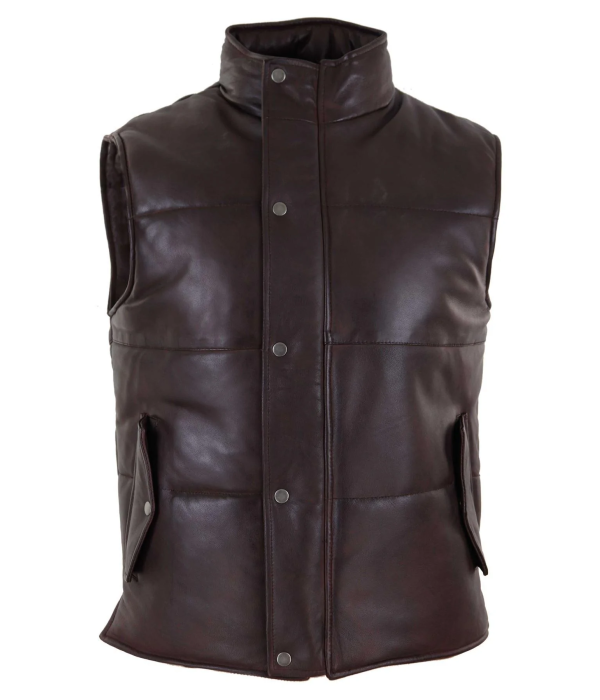 Mens Real Leather Waistcoat Gilet Quilted Puffer Design Warm Zip Casual Brown