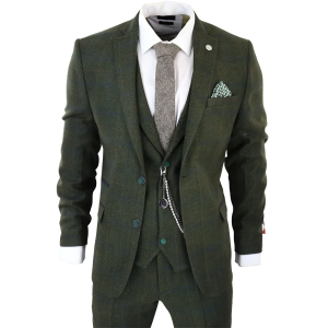 Men’s 3 Piece Suit Wool Tweed Green Blue Brown Check 1920s Gatsby