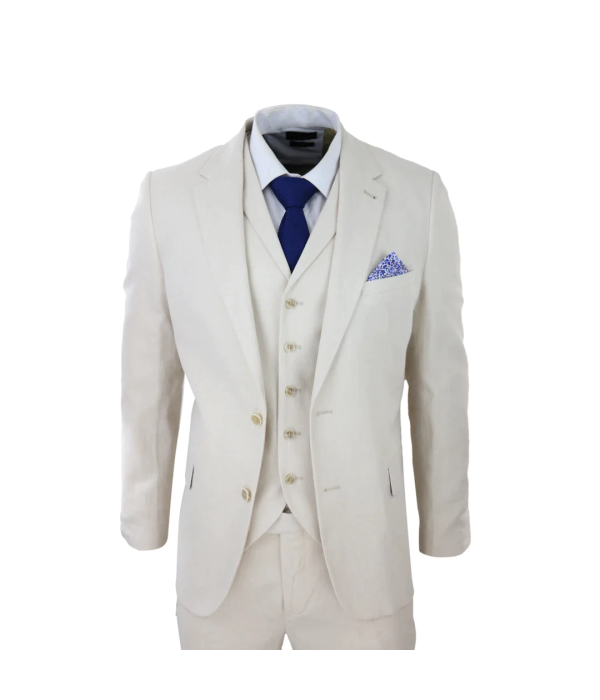Mens 3 Piece Linen Suit Summer Breathable Wedding Cotton Cream Beige