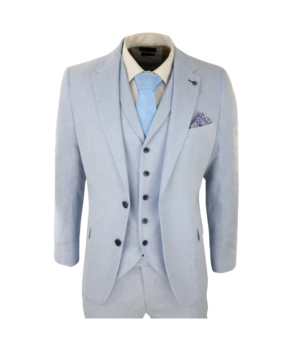 Mens 3 Piece Linen Suit Summer Breathable Wedding Cotton Baby Blue Light