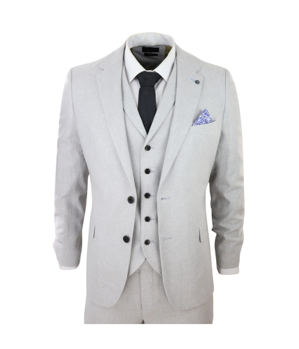 Mens 3 Piece Linen Suit Summer Breathable Wedding Cotton Light Grey