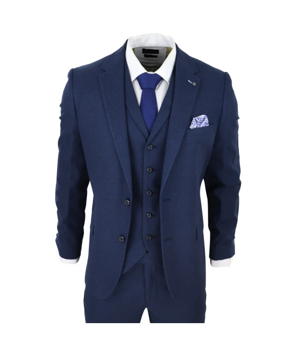 Mens 3 Piece Linen Suit Summer Breathable Wedding Cotton Navy Blue